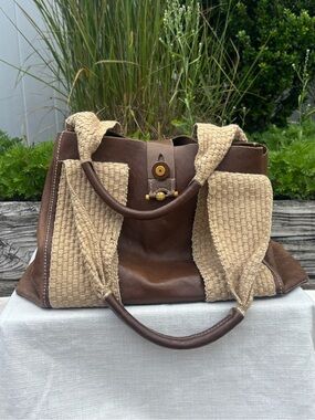 Henry Beguelin Handmade Leather Tote Bag Brown Woven Strap Artisan Italy Boho